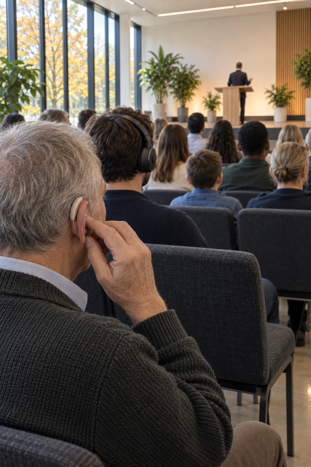 During a church service someone listens with an earbud while a sermon is preached at the pulpit in front.