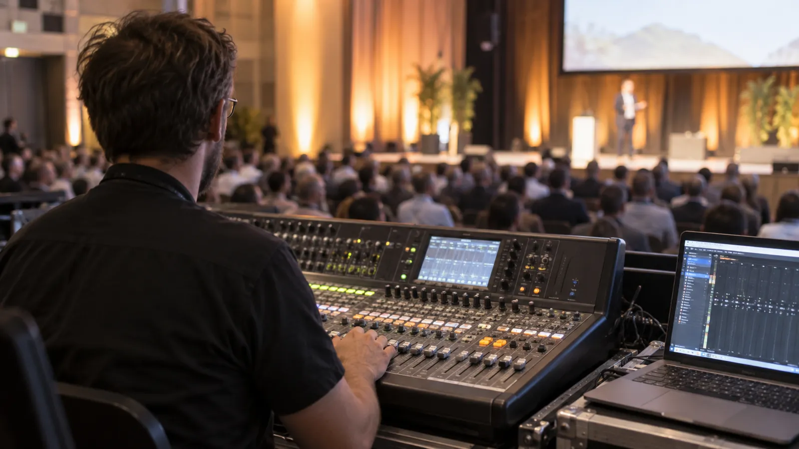 View over a mixing desk into a hall with a lit stage, someone operating the faders.