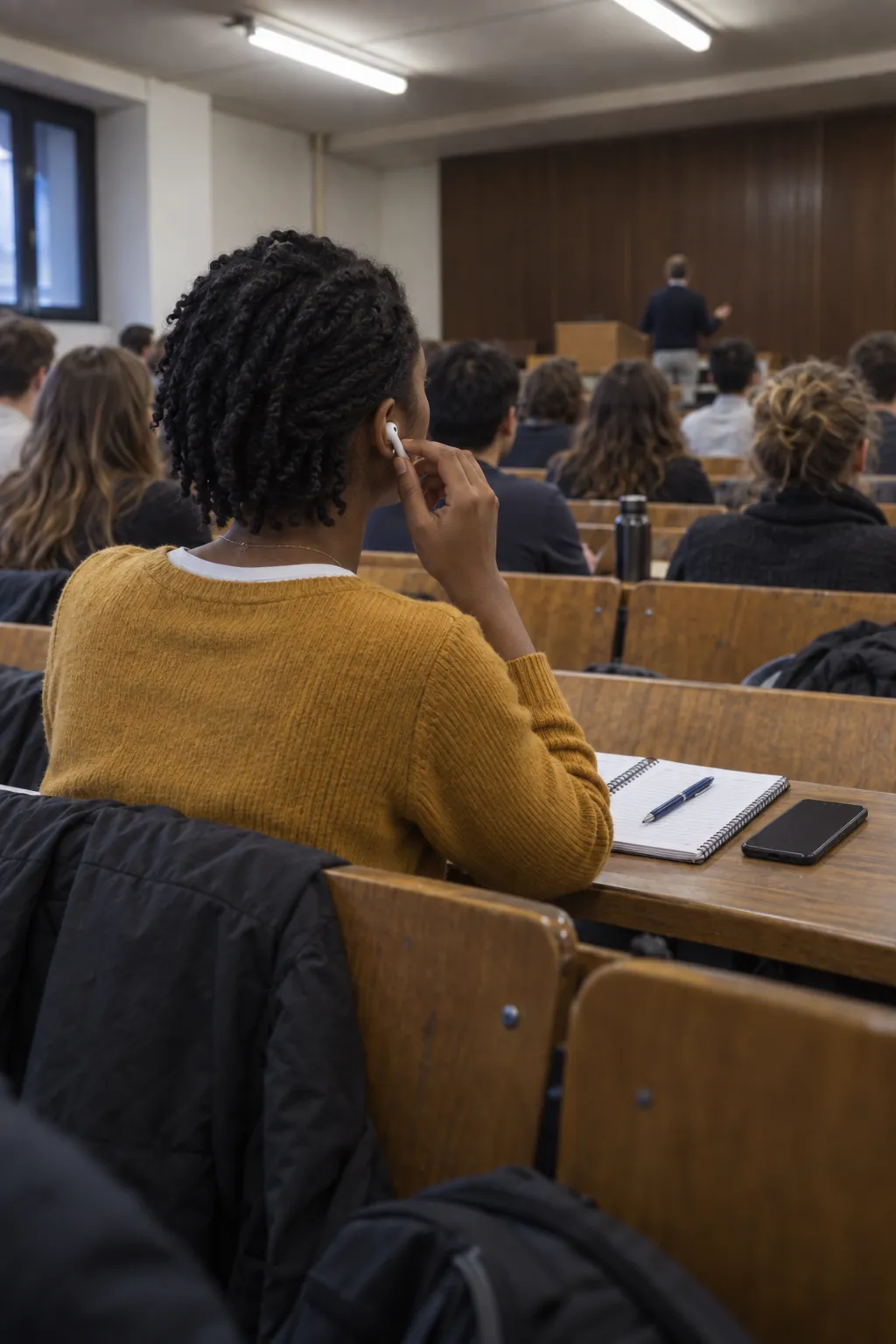 At a lecture hall bench two fingertips rest on the stem of a white earphone and turn it up, while the gaze stays forward.