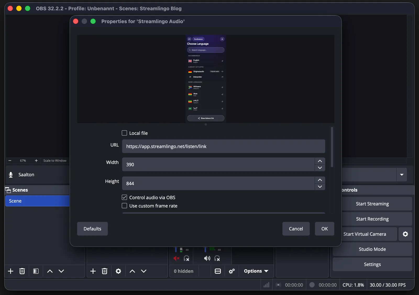 The properties of a browser source in OBS Studio: the Streamlingo listener link in the URL field and the option to control audio via OBS ticked, with the language selection of the listener page above.