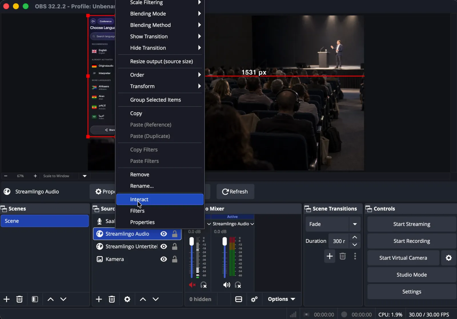 OBS Studio with the context menu of the “Streamlingo Audio” source open, the Interact entry highlighted.