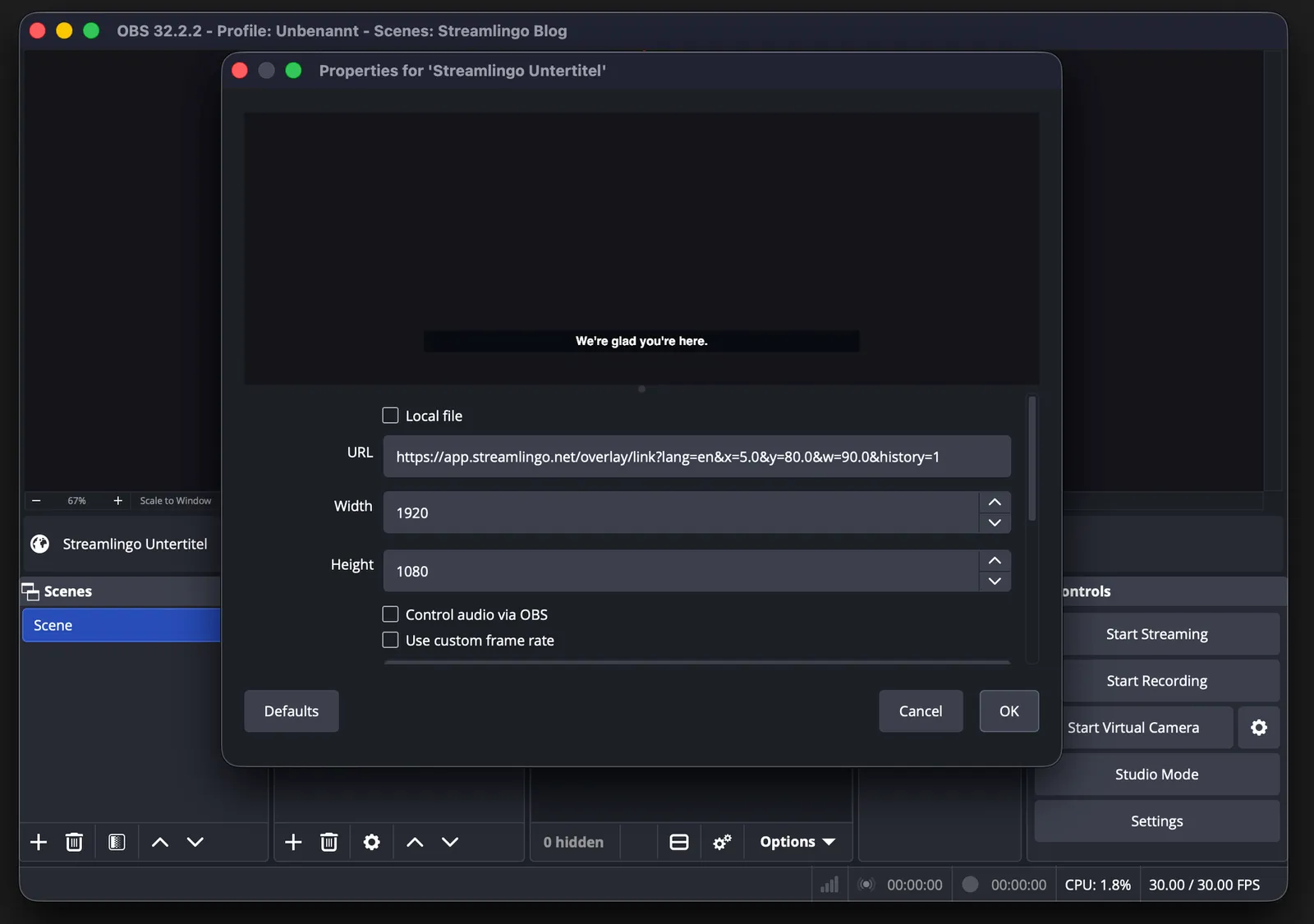 The properties of a browser source in OBS Studio: the Streamlingo overlay address in the URL field, width 1920 and height 1080, a caption line in the preview.